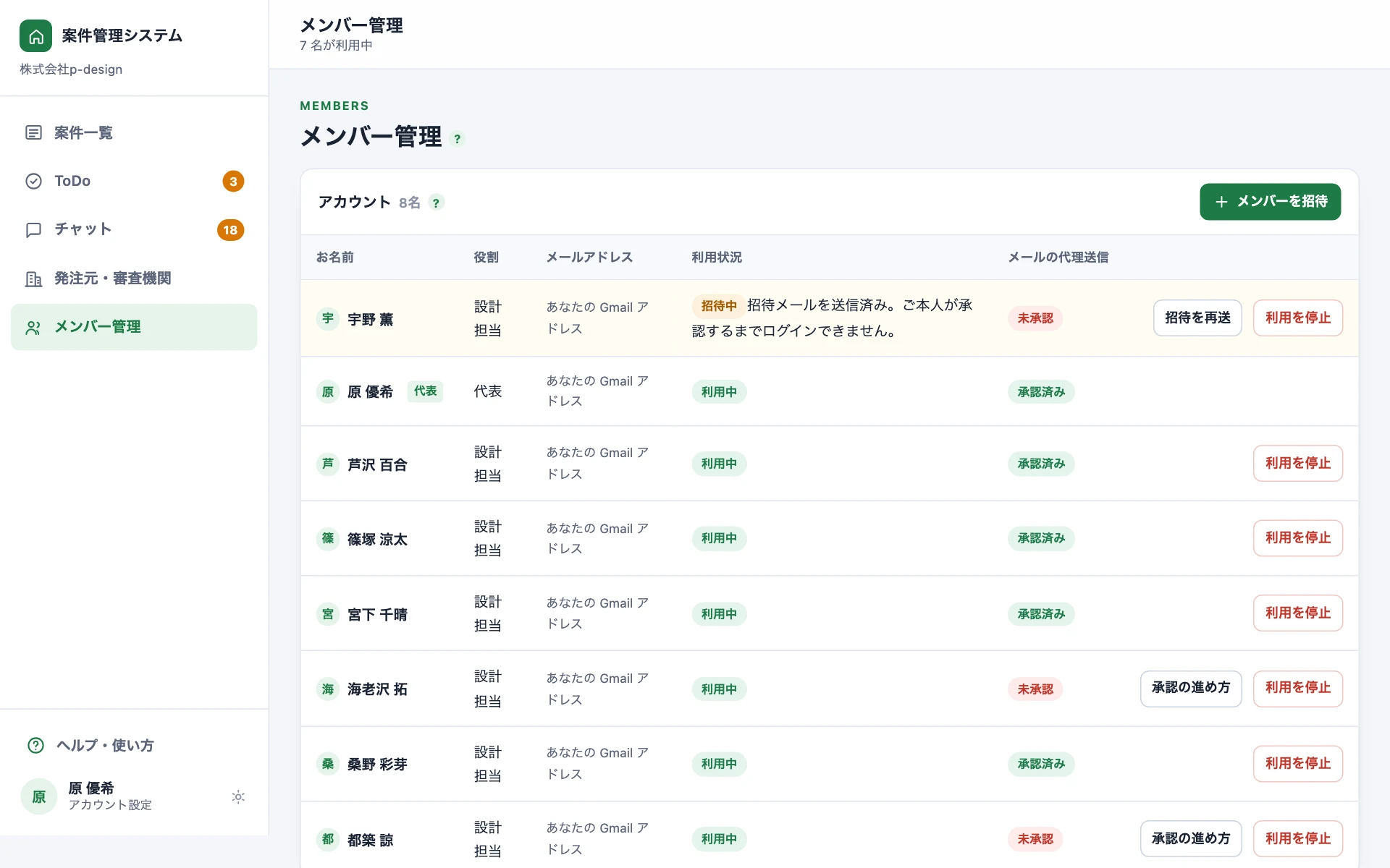 メンバー管理の画面